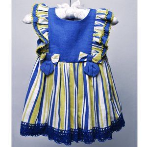 Miranda Spanish Style Blue Yellow and White Striped Tea Length Dress Size 18 MO